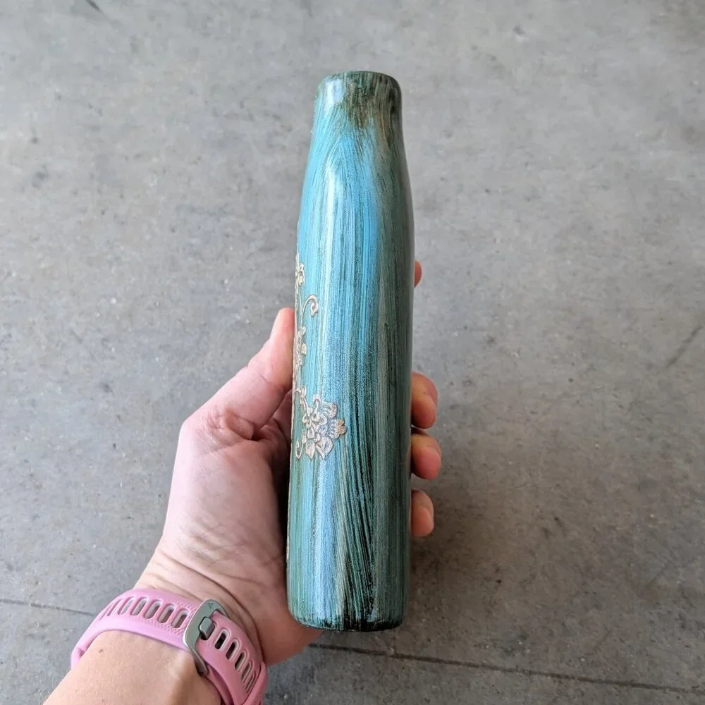 Vintage Teal Liquor Bottle Hand Painted Floral Ceramic Vase - Picture 4 of 9